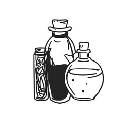 Black and white potion jars with magic liquids. Old corked bottles and vial of poison, elixir, mixtures and herbal tincture. Monochrome vector illustration isolated on white background