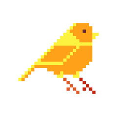 Canary bird. Pixel art character. Flat style icon. Sticker and embroidery design. Isolated vector illustration. 