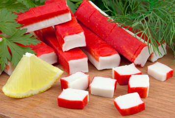 Delicious crab sticks prepared for eating.