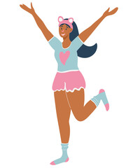 A cheerful dark-skinned girl is standing in full growth in her night pajamas. Young teen in home clothes. Fashion vector flat cartoon illustration.