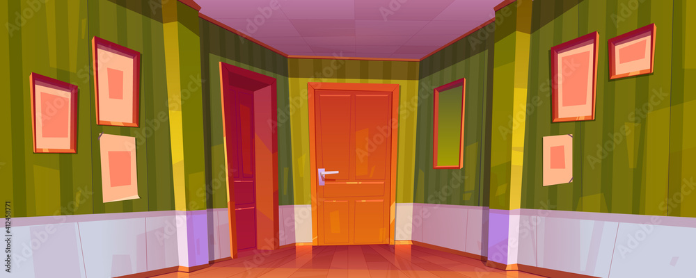 Wall mural home corridor interior with closed doors to rooms, green wallpaper, picture frames and mirror on wal