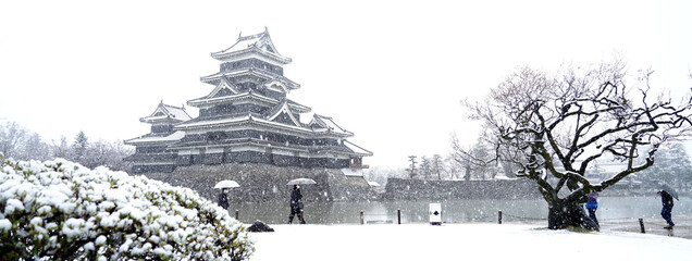 Heavy snow at Matsumoto castle in Matsumoto city of Japan.