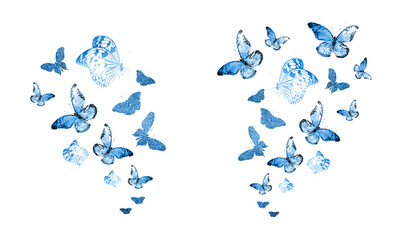 Flock of silhouette butterflies on white