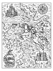 Black and white marine illustration of old map with rider, compass, sailboat and fantasy land with islands. Vector nautical drawings, adventure concept, coloring book page