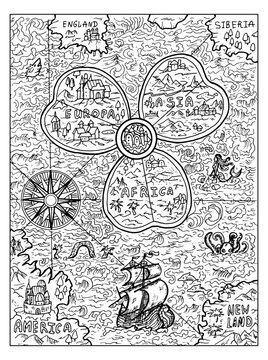 Black and white marine illustration of old map of the world with wind rose and sailboat or ship. Vector nautical drawings, adventure concept, coloring book page © samiramay