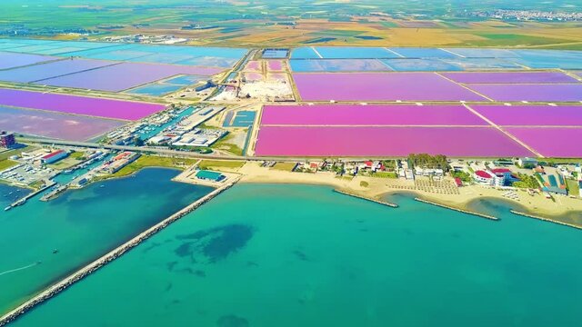 Aerial view of beautiful salt pans in Puglia, Italy