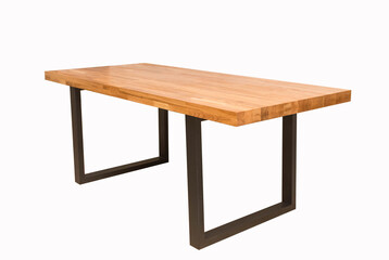wooden lacquered table with black metal legs on white background standing at an angle of 45 degrees