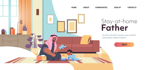 arab father playing with little son at home fatherhood parenting concept dad spending time with his kid modern kitchen interior horizontal full length copy space vector illustration