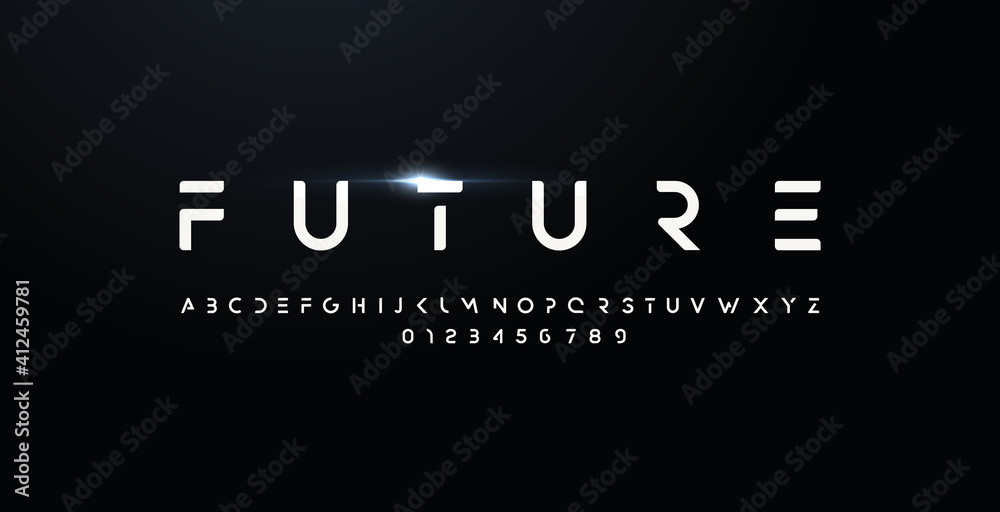 Leinwandbilder Future style font, bold letters and numbers. Futuristic design type for modern logo. Minimalist vector typography for digital device and hud graphic element. Cropped style alphabet