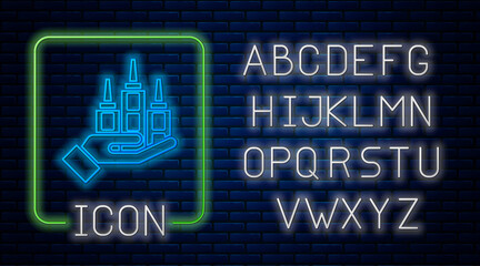 Glowing neon Skyscraper icon isolated on brick wall background. Metropolis architecture panoramic landscape. Neon light alphabet. Vector.