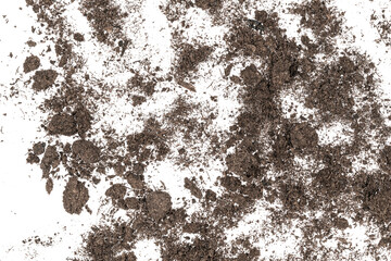Fertilized organic pile soil isolated on white background. Dirty earth on white background. natural black earth