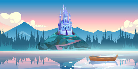 Fantasy blue castle on rock at morning. Vector cartoon mountain landscape with magic royal palace with towers, forest and lake with fog and boat. Fairytale illustration with medieval castle on cliff © klyaksun