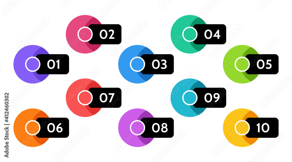 Aufkleber Bullet points data, info markers. icon arrow set. Number Flags 1 to 10 Flat design isolated vector. infographic illustration.