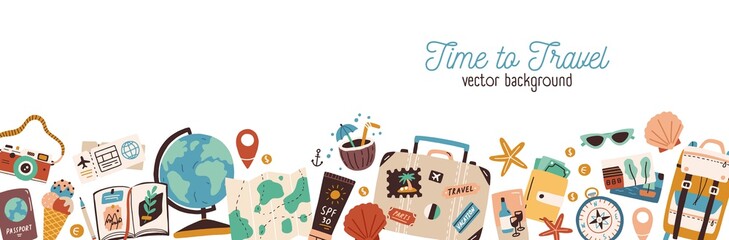 Banner with traveling and tourism elements. Colorful touristic objects like backpack, suitcase, map and globe and place for text. Summer holiday background. Colored flat vector illustration - obrazy, fototapety, plakaty