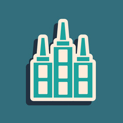 Obraz premium Green Skyscraper icon isolated on green background. Metropolis architecture panoramic landscape. Long shadow style. Vector.