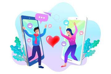 Couple chat on a cell phone. Girl communicates on the phone. Online chat man and woman. Cartoon man and woman. Flat vector design.