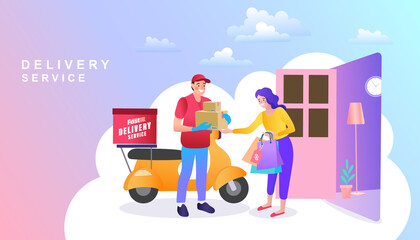 Delivery of parcel to door. Shopping online concept. Express delivery. E-commerce. quick shipping a parcel around city by motorcycle staff. Vector illustration.