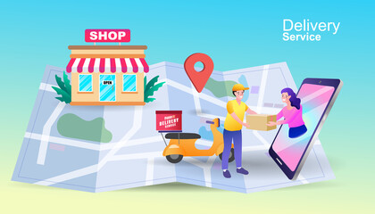 Your online order is on its way! This image visualizes a fast delivery service by a courier on a scooter, guided by a mobile app. It's the perfect visual for e-commerce and quick shipping concepts.