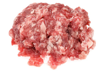 Raw minced meat isolated on white background. Chopped meat background.  fresh raw ground pork heap. Top view.