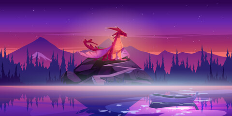 Rode draak op rots met weg na zonsondergang. Vectorbeeldverhaallandschap met bergen, bos en meer met boot. Fantasieillustratie met magisch beest met vleugels op klif & 39 s nachts