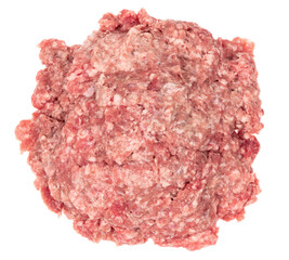 Raw minced meat isolated on white background. Chopped meat background.  fresh raw ground pork heap. Top view.