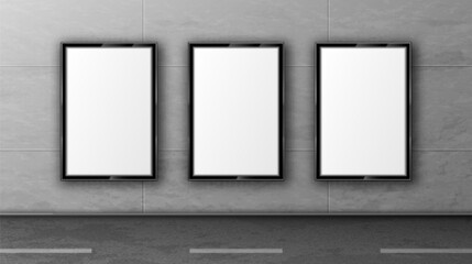 Blank street billboards on tiled wall. White posters in black frame for outdoor advertising. Vector realistic mockup of empty display boards on city road. Template of 3d promotion banners