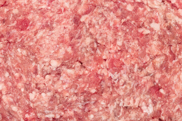 Raw minced meat texture background. Chopped meat background.  fresh raw ground pork heap. Top view.