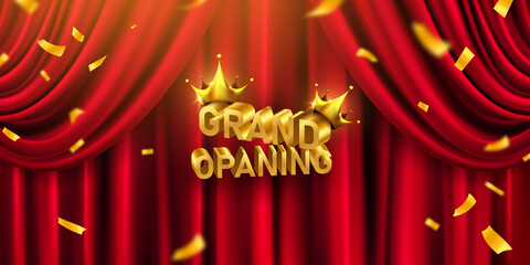 Red curtain background. Grand opening event design. confetti gold ribbons. luxury greeting rich card.