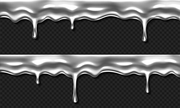 Liquid silver drip, dripping metal, mercury, chrome gray slime or goo border. Falling drops dribble down, sticky melting blob or nail polish isolated on transparent background, Realistic 3d vector set