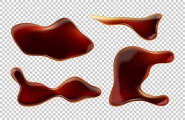 Spill soy sauce or cola puddle isolated brown liquid drops top view on transparent background. Soda drink splatters, abstract spilled asian condiment blobs, Realistic 3d vector illustration, icons set