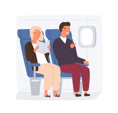 People Traveling By Plane. Passengers On Their Seats Inside Aircraft. Happy Couple Of Passengers Reading Book And Looking Through Illuminator Or Porthole. Flat Vector Illustration Isolated On White