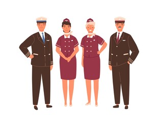 Aircraft captain, pilot assistant and stewardesses standing in uniform. Professional airplane staff or crew. Team of smiling airline workers isolated on white background. Flat vector illustration