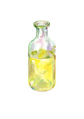 Vial with olive oil extra virgin vegetable. Glass transparent colourless jag without cork. Jar vintage style. Cosmetic bottle liquid essential oil, collagen serum. Watercolor hand draw isolated
