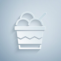 Paper cut Ice cream in the bowl icon isolated on grey background. Sweet symbol. Paper art style. Vector.