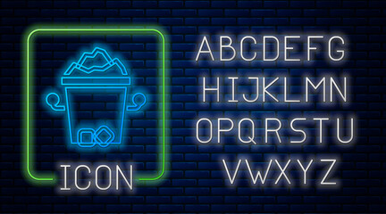Glowing neon Ice bucket icon isolated on brick wall background. Neon light alphabet. Vector.