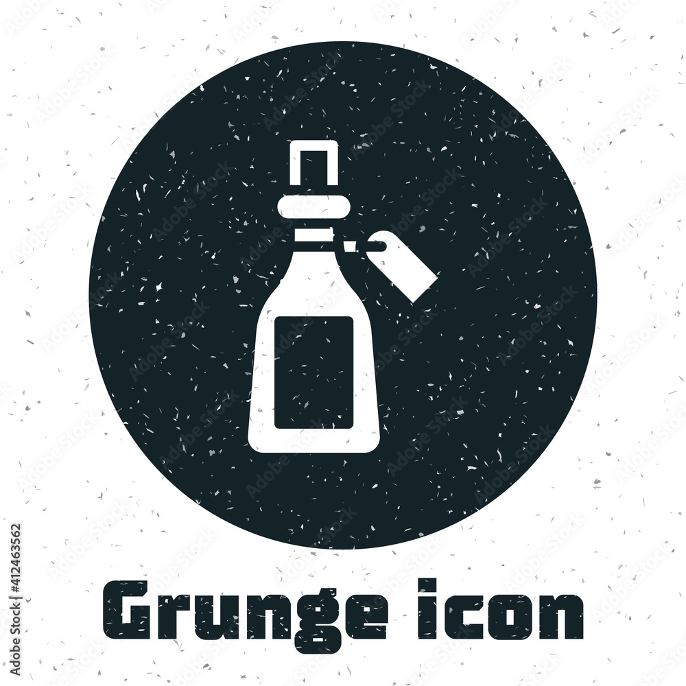 Sticker Grunge Essential oil bottle icon isolated on white background. Organic aromatherapy essence. Skin care serum glass drop package. Monochrome vintage drawing. Vector.