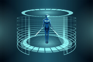 Man wearing vr headset and using light swords in future hologram neon virtual reality arena. Circle cyberspace gaming portal. Teleport digital pedestal. Cylinder platform podium vector illustration