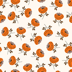 Seamless floral pattern based on traditional folk art ornaments. Colorful flowers on light background. Scandinavian style. Sweden nordic style. Vector illustration. Simple minimalistic pattern