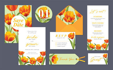 Tulip flower background template. Vector set of floral element for wedding invitations, greeting card, envelope, voucher, brochures and banners design.