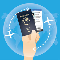 Immunity vaccinated passport for travel during Coronavirus pandemic concept. COVID-19 immuned vaccination passport document on hand. Vector illustration of international boarding pass. New normal