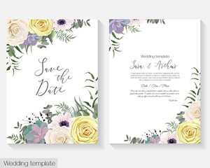 Vector floral template for wedding invitation. Yellow and white roses, anemones, succulents, berries, green leaves and plants.