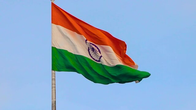 Wagah Border, National Highway 1 PB, Wagah, Hardo Rattan, Amritsar, Punjab - January 07, 2019 : India Flag With Clear Blue Sky In The Background