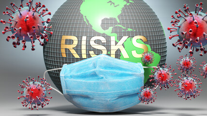 Risks and covid - Earth globe protected with a blue mask against attacking corona viruses to show the relation between Risks and current events, 3d illustration