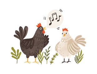 Rooster singing songs for hen. Cute and funny chicken listening to crowing. Colorful flat textured vector illustration isolated on white background