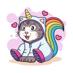 Cute Unicorn Cat Vector with Love. Animal Fantasy Icon Concept Isolated Premium Vector.