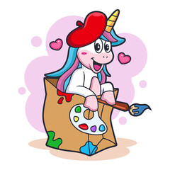 Cartoon Unicorn Artist with Cute Expression. Animal Fantasy Icon Concept, Isolated on White Background