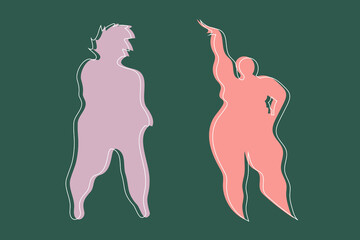 Body positive poster with happy abstract silhouettes of plump ladies in different expressive poses. Appetizing shapes and motivational concept. Flat and minimal design with offset of white outline. 