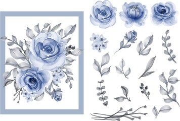 watercolor illustration rose and leaf navy blue isolated clipart