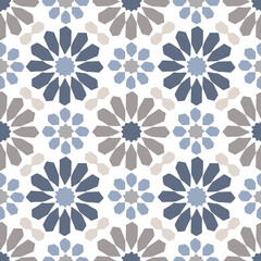 Hand drawn stars shaped Moroccan seamless pattern for Ramadan Kareem greeting cards, islamic backgrounds, fabric, web banners. Blue Portuguese azulejos tile design. Decorative vector illustrations