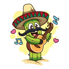 Cute Cactus Playing Guitar. Cartoon Vector Icon Illustration. Plant Icon Concept Isolated on White Background